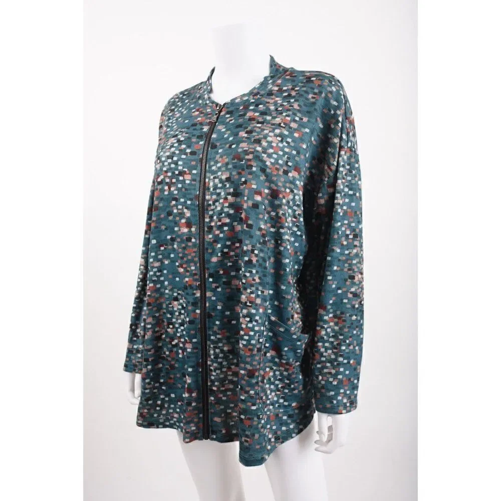 CJ Banks Womens Cardigan sweater 1X 16-18W Green Blue Multi-Color Zip-Up NWT